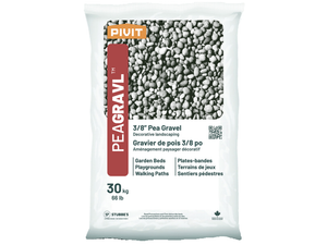 A white 30 kg bag of Stubbe’s Pivot 3/8″ Pea Gravel for decorative landscaping, featuring images of gravel and text highlighting its versatile uses as an attractive ground cover in gardens, playgrounds, and walking paths. This premium landscape stone is ideal for enhancing outdoor spaces with both functionality and beauty.