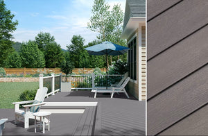 A backyard deck features 1" x 6" x 16' Trex Enhance Basics Grooved Pebble Beach gray composite decking by Trex, white railings, Adirondack chairs, a table, and a blue umbrella; close-up shows the grooved edge and wood-textured boards on the right.