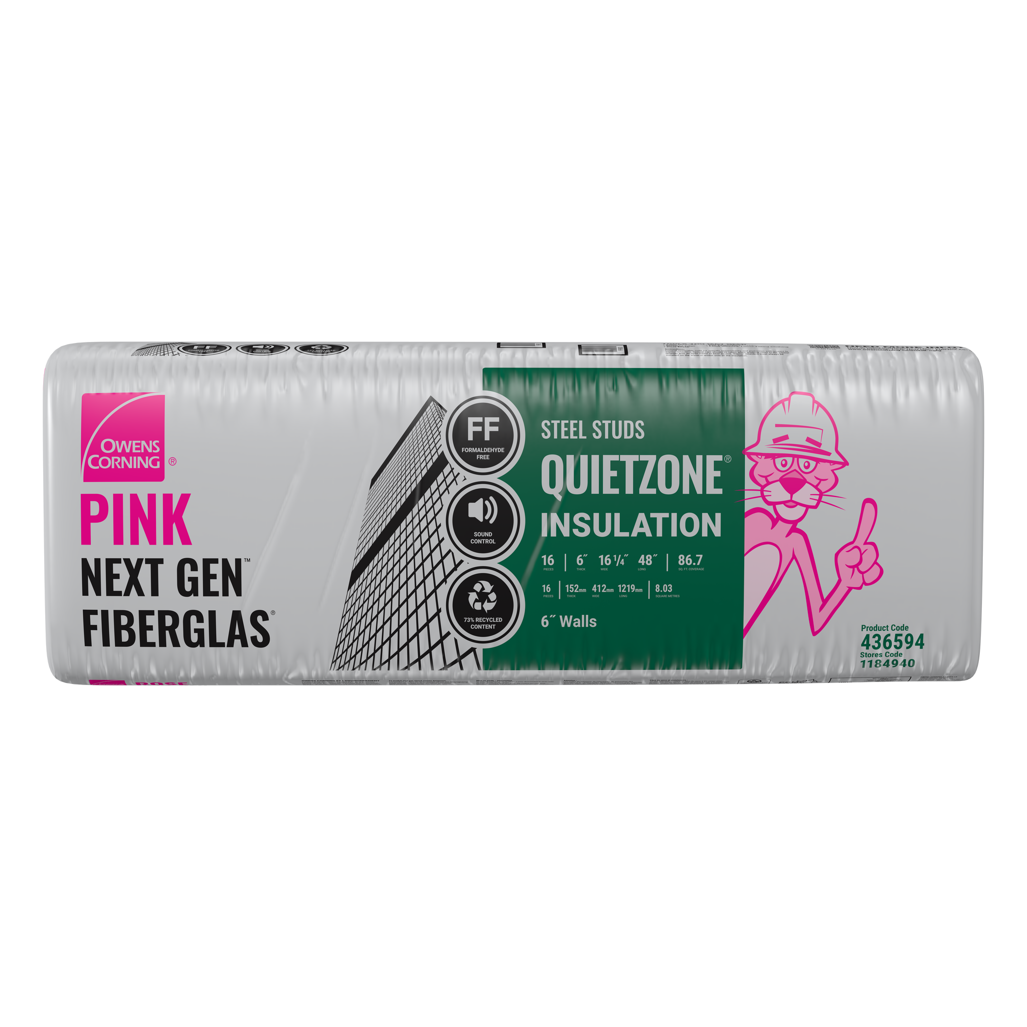 QuietZone PINK NEXT GEN FIBERGLAS Acoustic Insulation 16.25-inch x 48-inch x 6-inch (86.7 sq.ft.)