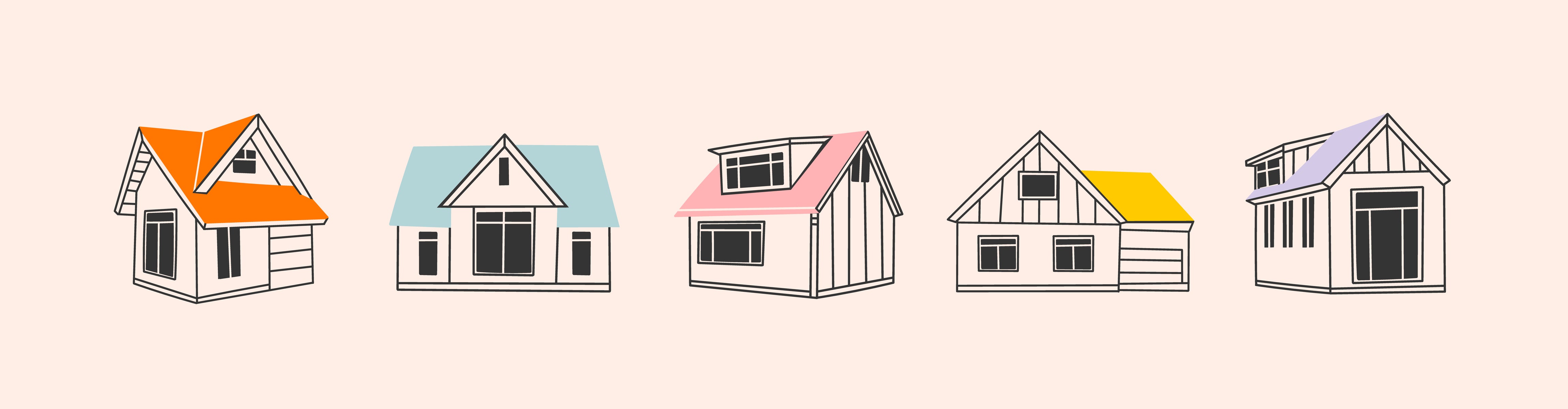 Five illustrated tiny houses with different styles and colorful roofs—orange, blue, pink, yellow, and purple—are lined up against a light beige background.