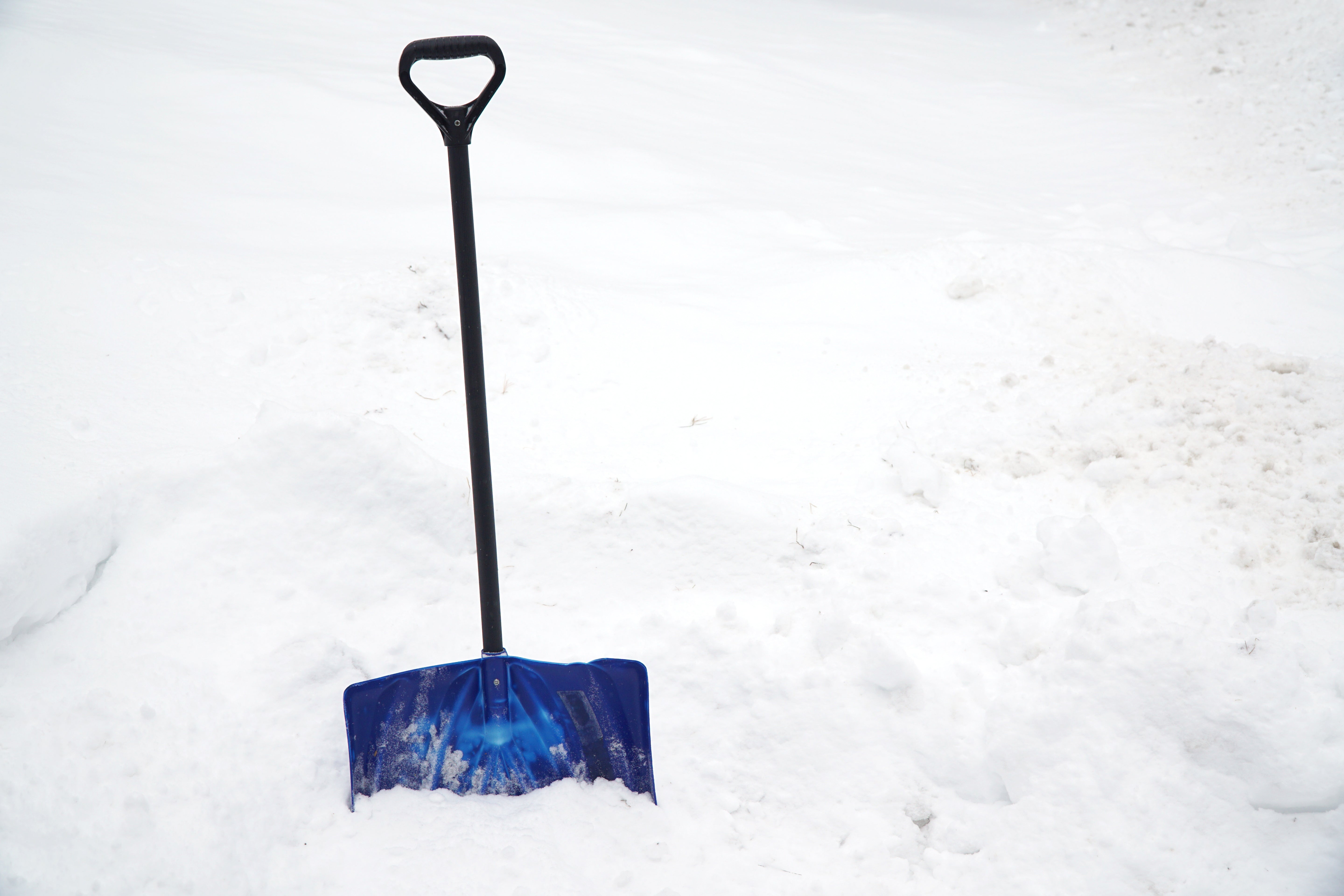 A blue snow shovel stuck in a mound of snow