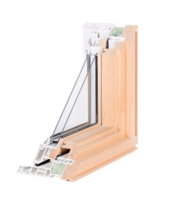A side profile of a double-pane window with its associated trim and spacer bar