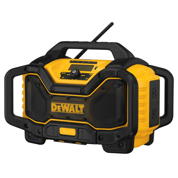 Yellow and black Dewalt radio on a white background