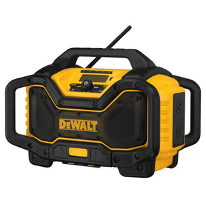 Yellow and black Dewalt radio on a white background